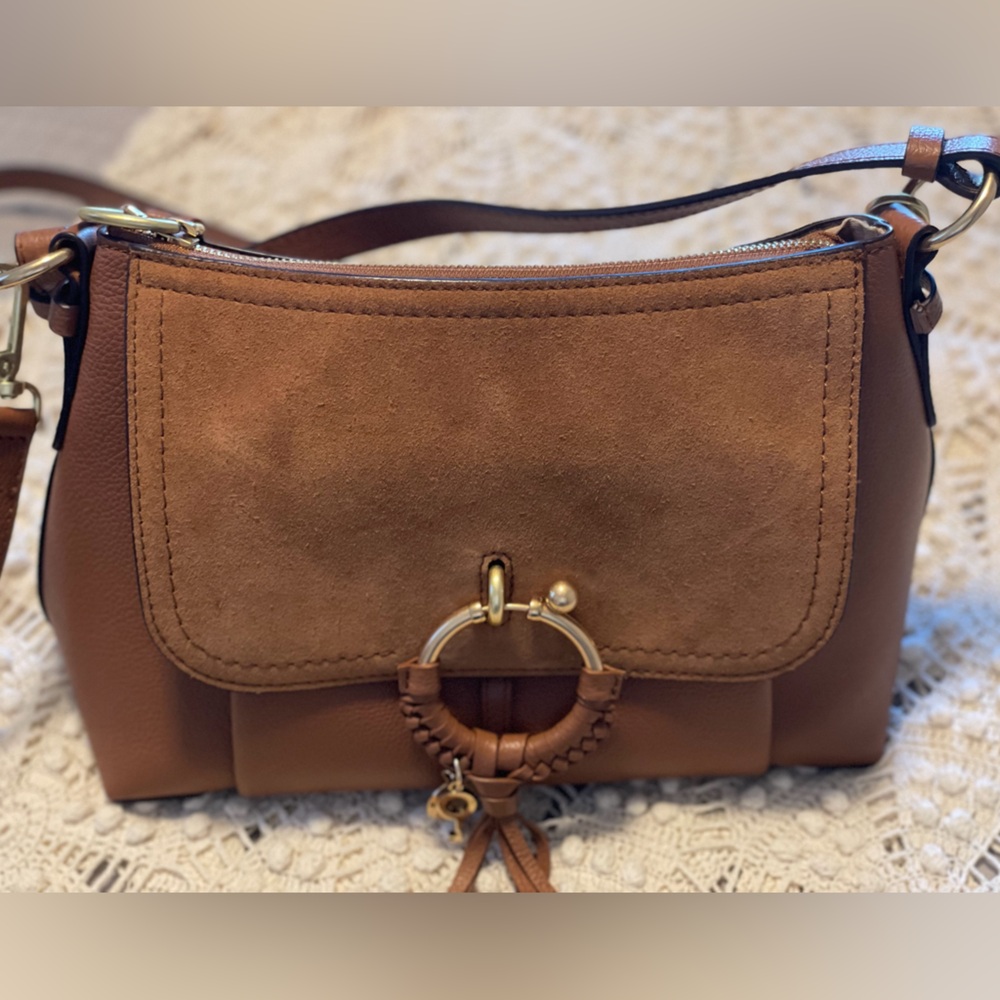 See by Chloe Joan Leather Suede Flap Top Zip Caramel Shoulder Bag by Chlo - Picture 5 of 8